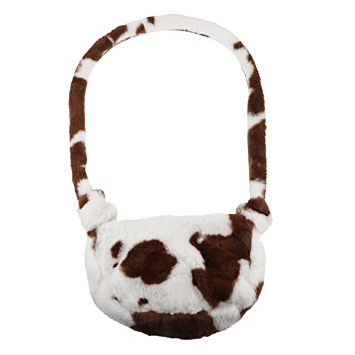 LALADEFIEE Flauschige Damen Schultertasche aus Plüsch Kleine Umhängetasche in Braun mit Kuhmuster Vielseitige Herbst Winter Handtasche für Alltag und Freizeit von LALADEFIEE