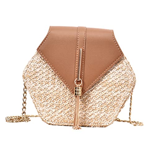 LALADEFIEE Handgefertigte Strohtasche Damen Schultertasche mit Kettenriemen und Quaste Geflochtene Umhängetasche für Strand Alltag Shopping und Reisen Braune Kleine Crossbody Bag von LALADEFIEE
