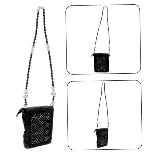 LALADEFIEE Plüsch Handgefertigte Beaded Pearl Bag Kleine Schwarze Handtasche Damen Crossbody Phone Bag mit Reißverschluss Für Alltag Dating Arbeit Freizeit von LALADEFIEE