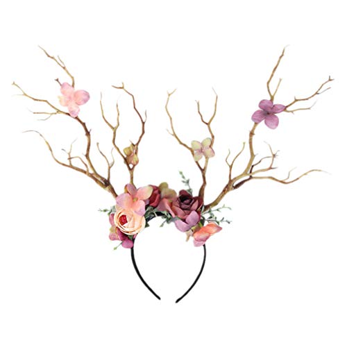 LALAFINA Zweiggeweih-Stirnband Weihnachtselch-Haarreifen Blumenbaumzweig Hirschkopfschmuck für Frauen Mädchen (Leichter Kaffee) von LALAFINA