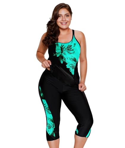 LALAGEN Damen-Badeanzug, Übergröße, 2025, bescheidener Rashguard, Capri-Tankini, zweiteiliger Badeanzug, Schwarz-blaue Blume, XL von LALAGEN