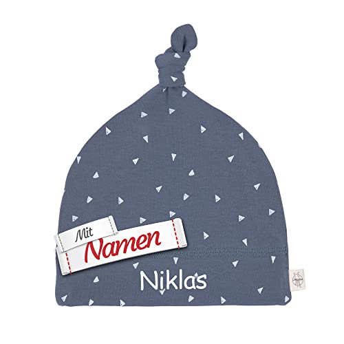 LÄSSIG Babymütze mit Namen personalisiert Bestickt/gestickt, GOTS Wärmende Kinder Mütze Zipfelmütze, Triangle Blue von LALALO