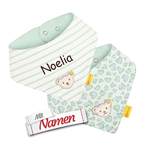 Steiff Baby Halstuch mit Namen bestickt personalisiert, Mädchen Dreieckstuch/Nickytuch Accessoire, Teddy Bär Harbour Gray (2er Pack) von LALALO