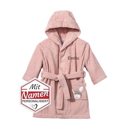 LALALO Sterntaler Bademantel mit Namen bestickt für Baby & Kinder, 100% Baumwolle, Mädchen Kinderbademantel personalisiert mit Name (98/104, Emmi Girl Rosa) von LALALO