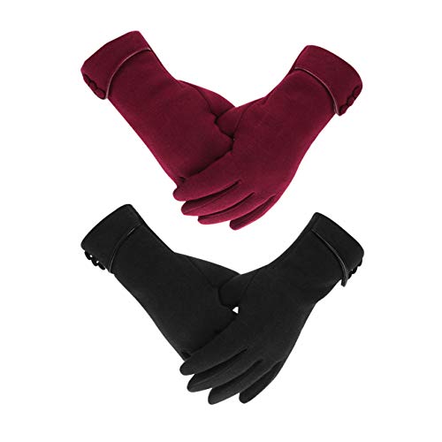 LAMA 2 Paar Damen Winter Touchscreen Handschuhe - Warmer Plüsch Gefüttert Winddicht Dicke Winterhandschuhe für Frauen und Mädchen - Schwarz + Rot von LAMA