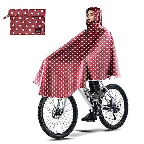 LAMA Fahrrad Regenponcho, Regencape Fahrrad Damen Herren, Wasserdichter Fahrrad Poncho mit Kapuze, Leichte Fahrrad Regenbekleidung Regenjacke für Wandern Radfahren Elektroauto Motorrad, Rote Tupfen von LAMA