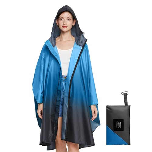LAMA Mode Regenponcho Unisex Regenmantel Atmungsaktiv Regencape Leicht Regenjacke Regenschutzbekleidung Raincoat als Picknickdecke Sonnensegel für Fahrrad Wandern Camping Reisen, Farbverlauf Blau von LAMA