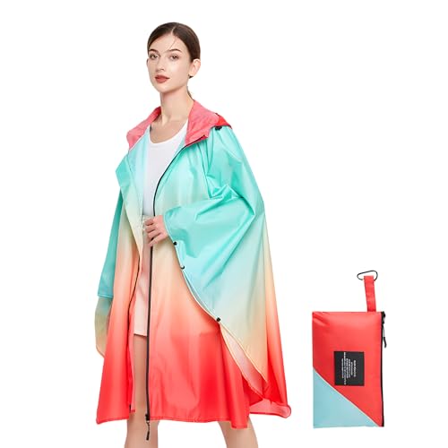 LAMA Mode Regenponcho Unisex Regenmantel Atmungsaktiv Regencape Leicht Regenjacke Regenschutzbekleidung Raincoat als Picknickdecke Sonnensegel für Fahrrad Wandern Camping Reisen, Farbverlauf Orange von LAMA