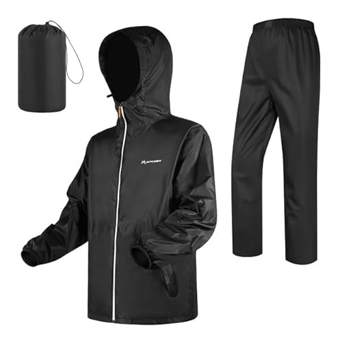 LAMA Regenanzug (Regenjacke + Regenhose) Damen Herren, Reflektierender Regenanzüge wasserdichte Kapuzenjacke, Atmungsaktive Regenjacke Regenhose, Raincoat Rainwear mit Kapuze Kapuzenjacke Schwarz L von LAMA