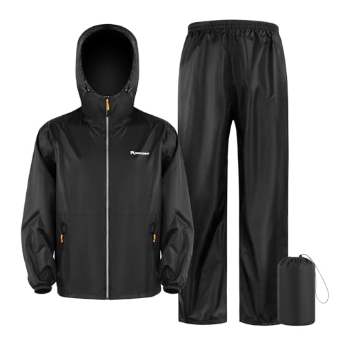 LAMA Regenanzug (Regenjacke + Regenhose) Damen Herren, Reflektierender wasserdichte Regenanzüge Kapuzenjacke Unisex, Atmungsaktive Regenjacke Regenhose, Rainwear mit Kapuze Kapuzenjacke, Schwarz 2XL von LAMA