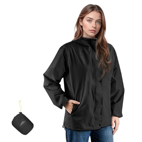 LAMA Regenjacke Damen Regenmantel Ultraleicht Regenponcho Fahrradjacke Wasserdichte Wanderjacke mit Kapuze, Atmungsaktiv Regenbekleidung Sportjacke Outdoorjacke Regenschutzbekleidung, Schwarz XL von LAMA