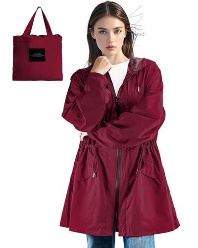 LAMA Regenmantel Damen Wasserdicht Regenponcho Regenjacke Ultraleicht Atmungsaktiv Regencape mit Kapuze Regenschutzbekleidung Raincoat Outdoorjacke für Fahrrad Wandern Camping Reisen, Rot M von LAMA