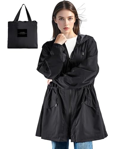 LAMA Regenmantel Damen Wasserdicht Regenponcho Regenjacke Ultraleicht Atmungsaktiv Regencape mit Kapuze Regenschutzbekleidung Raincoat Outdoorjacke für Fahrrad Wandern Camping Reisen, Schwarz M von LAMA