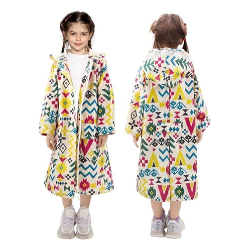 LAMA Regenmantel Kinder, Regenponcho Mädchen Leichter Kinder Regenjacke, Wiederverwendbar Regenbekleidung Regencape mit Kapuze & Rucksackabdeckung, Raincoat für Fahrrad Camping, Bunte Geometrie XL von LAMA