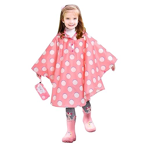 LAMA Regenponcho Kinder, Regenmantel Mädchen Leichter Kinder Regenjacke, Wiederverwendbar Regenbekleidung Regencape mit Kapuze, Raincoat für Fahrrad Wandern Camping, Rosa Punkte M von LAMA