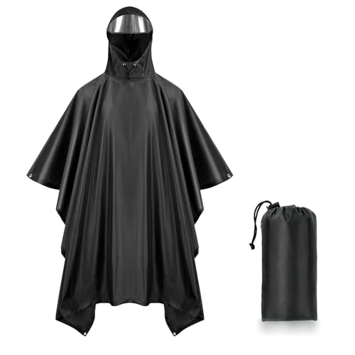 LAMA Regenponcho Regenjacke für Damen Herren, Wasserdicht Regencape, 3 in 1 Multifunktionaler Regenmantel Regenschutzbekleidung für Camping/Picknick/Trekking/Angeln/Fahrrad/Motorrad/Wandern, Schwarz von LAMA