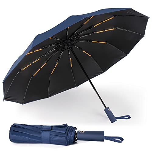 LAMA Regenschirm Auf-Zu Automatik Klappschirm Taschenschirm Winddicht mit Extra Robust 12 verstärkte Rippen Sturmfest Golfschirm 210T Nylon Schirm Anti-UV Reiseschirm Faltbarer Regenschirm, Dunkelblau von LAMA