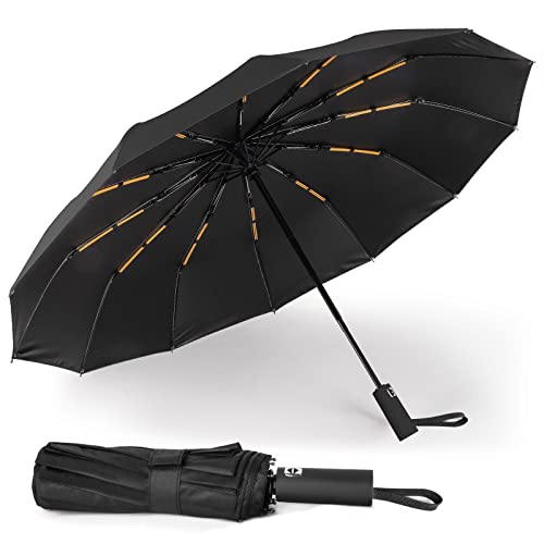 LAMA Regenschirm Auf-Zu Automatik Klappschirm Taschenschirm Winddicht mit Extra Robust 12 verstärkte Rippen Sturmfest Golfschirm 210T Nylon Schirm Anti-UV Reiseschirm Faltbarer Regenschirm, Schwarz von LAMA