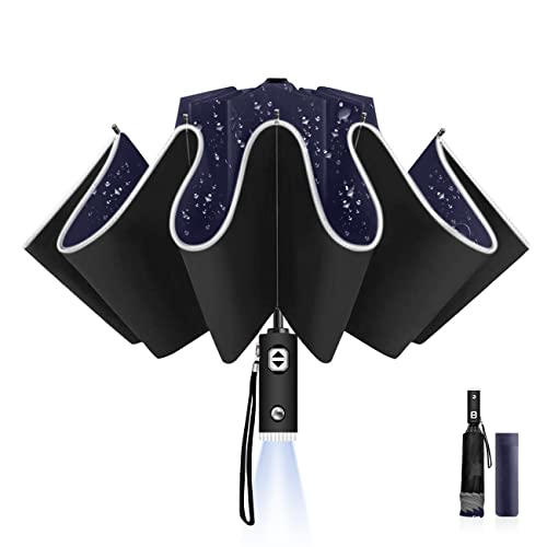 LAMA Regenschirm mit LED Licht 105cm Taschenschirm Sturmfest Automatik Golfschirm mit Reflexstreifen 10 verstärkte Glasfaser Rippen 210T Winddicht Nylon Schirm Anti-UV Reiseschirm Klappschirm Blau von LAMA