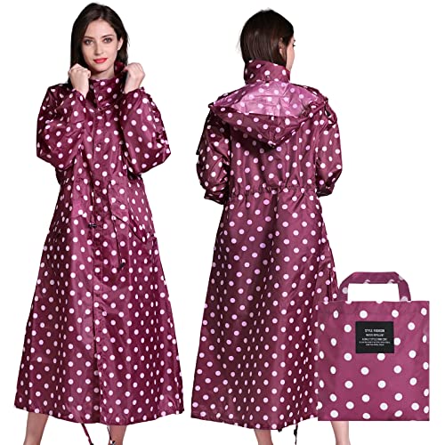 LAMA Stilvolle Lange Regenjacke Regenmantel Regenponcho mit wasserdichte Pattentasche Kapuze Tunnelzug Erwachsene Regenbekleidung Regencape Raincoat Regenschutzbekleidung Damen, Rosa Tupfen L von LAMA