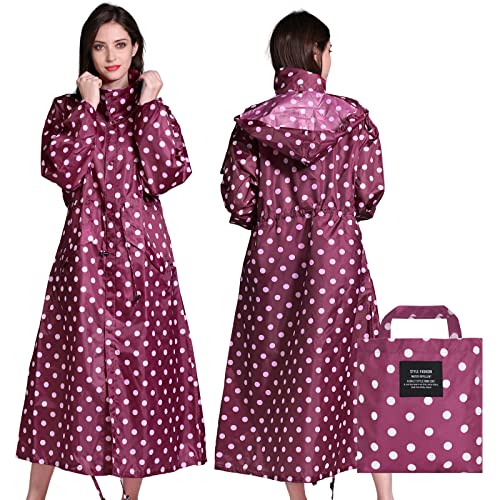 LAMA Stilvolle Lange Regenjacke Regenmantel Regenponcho mit wasserdichte Pattentasche Kapuze Tunnelzug Erwachsene Regenbekleidung Regencape Raincoat Regenschutzbekleidung Damen, Rosa Tupfen XXL von LAMA