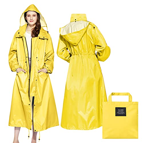 LAMA Stilvolle Lange Regenjacke Regenmantel Unisex Regenponcho mit wasserdichte Pattentasche Kapuze Tunnelzug Erwachsene Regenbekleidung Regencape Raincoat Regenschutzbekleidung Damen, Gelb L von LAMA