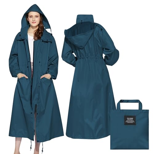 LAMA Stilvolle Regenmantel Lange Regenjacke Unisex Regenponcho Regenbekleidung mit wasserdichte Pattentasche Kapuze Tunnelzug Erwachsene Regencape Raincoat Regenschutzbekleidung Damen, Meeresblau L von LAMA