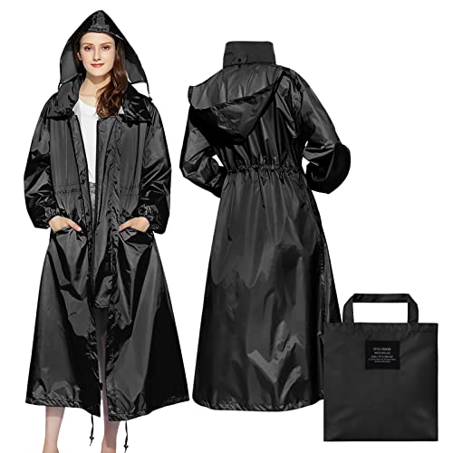 LAMA Stilvoller langer Regenmantel Regenponcho mit Wasserdichte Pattentasche Kapuze Tunnelzug Erwachsene Regenbekleidung Regencape Regenjacke Raincoat Regenschutzbekleidung Herren Damen, Schwarz XXL von LAMA