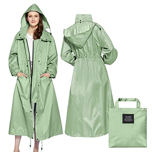 LAMA Stilvoller Langer Regenponcho Unisex Regenmantel mit wasserdichte Pattentasche Kapuze Tunnelzug Erwachsene Regenbekleidung Regencape Regenjacke Raincoat Regenschutzbekleidung Damen, Grün L von LAMA