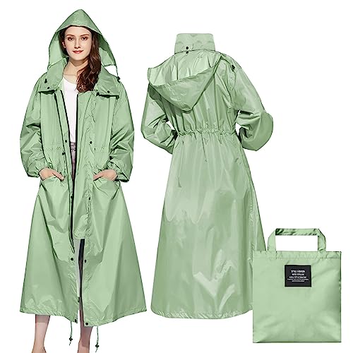 LAMA Stilvoller Langer Regenponcho Unisex Regenmantel mit wasserdichte Pattentasche Kapuze Tunnelzug Erwachsene Regenbekleidung Regencape Regenjacke Raincoat Regenschutzbekleidung Damen, Grün XL von LAMA