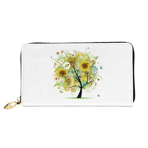 LAMAME Dackel Gedruckt Große Reise Brieftasche Männer Frauen Reißverschluss Clutch Kartenhalter, Blumenbaum mit Gänseblümchen Sonnenblumen Schmetterlinge Marienkäfer Insekt, Einheitsgröße von LAMAME