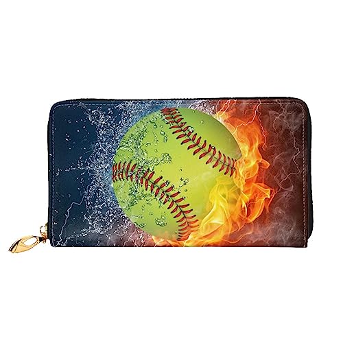 LAMAME Dackel Gedruckt Große Reise Brieftasche Männer Frauen Reißverschluss Clutch Kartenhalter, Orangefarbener Softball auf Feuer und Wasser, Einheitsgröße von LAMAME