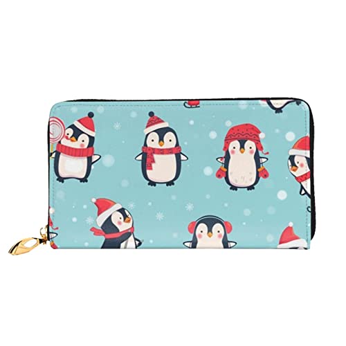 LAMAME Frohe Weihnachten bedruckte Ledergeldbörse mit Reißverschlusstasche lange Kupplung tragbare Reisebrieftasche, Winter-Weihnachts-Pinguine, Einheitsgröße von LAMAME