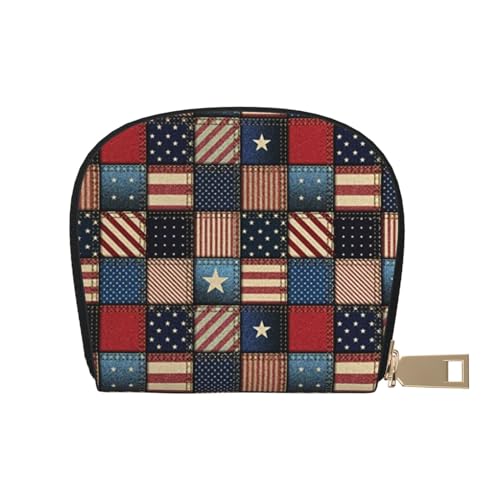 LAMAME Hirsch Gedruckt Leder Shell Karte Tasche Kreditkarte Halter Reißverschluss Kartenhalter Brieftasche, Amerikanische Flagge Patchwork, Einheitsgröße von LAMAME