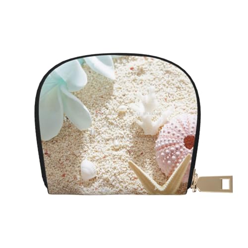 LAMAME Kaninchen in verschiedenen Posen Springen Laufen Bedruckte Leder Shell Karte Tasche Kreditkartenhalter Reißverschluss Kartenhalter Brieftasche, Blaue Zen-Blume mit Seesternen am Strand, von LAMAME