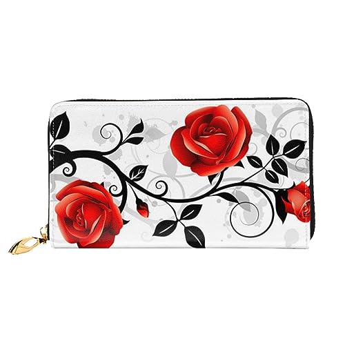 LAMAME Lavendel Wiese bei Sonnenuntergang Frühling Gedruckt Große Reise Brieftasche Männer Frauen Reißverschluss Clutch Kartenhalter, Blumige Rose Efeu mit Blättern Frühling, Einheitsgröße von LAMAME