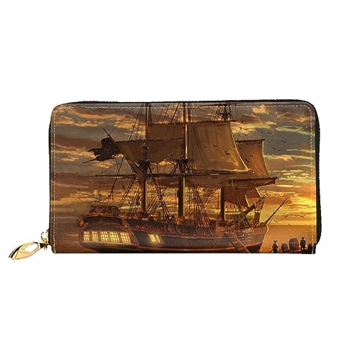 LAMAME Lavendel Wiese bei Sonnenuntergang Frühling Gedruckt Große Reise Brieftasche Männer Frauen Reißverschluss Clutch Kartenhalter, Fantasy Piratenschiff, Einheitsgröße von LAMAME