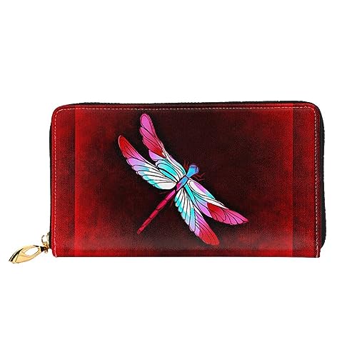 LAMAME Lavendel Wiese bei Sonnenuntergang Frühling Gedruckt Große Reise Brieftasche Männer Frauen Reißverschluss Clutch Kartenhalter, Libelle auf rotem Hintergrund, Einheitsgröße von LAMAME