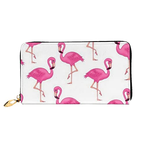 LAMAME Lila Schmetterlinge bedruckte Ledergeldbörse mit Reißverschlusstasche Lange Clutch Tragbare Reisebrieftasche, Rosa Flamingo, Einheitsgröße von LAMAME