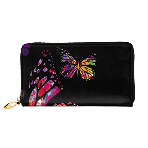 LAMAME Lila Schmetterlinge bedruckte Ledergeldbörse mit Reißverschlusstasche Lange Clutch Tragbare Reisebrieftasche, Schmetterling, Einheitsgröße von LAMAME