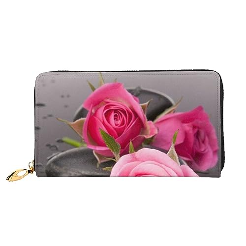 LAMAME Lila Schmetterlinge bedruckte Ledergeldbörse mit Reißverschlusstasche Lange Clutch Tragbare Reisebrieftasche, Spa-Stein und Rosenblumen, Einheitsgröße von LAMAME