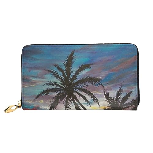 LAMAME Lila Schmetterlinge bedruckte Ledergeldbörse mit Reißverschlusstasche Lange Clutch Tragbare Reisebrieftasche, Tropical Sunset, Einheitsgröße von LAMAME