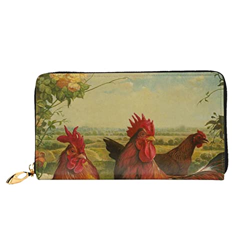 LAMAME Lobster and Crab Printed Leather Wallet with Zip Pocket Long Clutch Portable Travel Wallet, Hühner und Bauernhof, Einheitsgröße von LAMAME