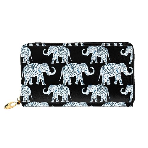 LAMAME Magic Blue Fox Bedruckte Ledergeldbörse mit Reißverschlusstasche Lange Clutch Tragbare Reisebrieftasche, Azteken-Elefant, Einheitsgröße von LAMAME