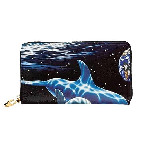 LAMAME Magic Blue Fox Bedruckte Ledergeldbörse mit Reißverschlusstasche Lange Clutch Tragbare Reisebrieftasche, Delphin Schwarz, Einheitsgröße von LAMAME