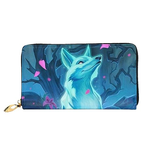 LAMAME Magic Blue Fox Bedruckte Ledergeldbörse mit Reißverschlusstasche Lange Clutch Tragbare Reisebrieftasche, Magic Blue Fox, Einheitsgröße von LAMAME