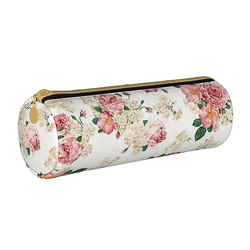 LAMAME Netter Mops gedruckt Runde Reißverschluss Stift Beutel Tragbare Schreibwaren Beutel Leder Tasche Fall, Rosa Rose Blume mit Blättern, Einheitsgröße, Münzbeutel von LAMAME