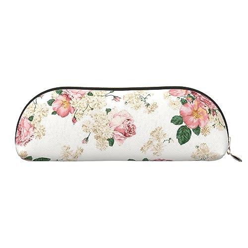 LAMAME Netter Mops gedruckt halbrund Reißverschluss Stift Beutel Tragbare Schreibwaren Beutel Leder Tasche Fall, Rosa Rose Blume mit Blättern, Einheitsgröße, Münzbeutel von LAMAME