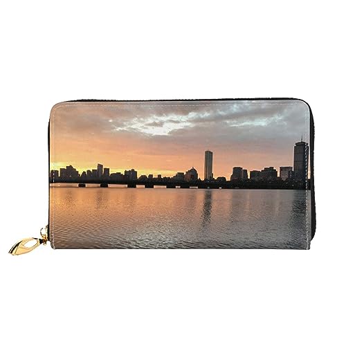 LAMAME Niedliche Baby Pinguine Skizze Gedruckt Große Reise Brieftasche Männer Frauen Reißverschluss Clutch Kartenhalter, Boston Charles River City Skyline Sonnenuntergang, Einheitsgröße von LAMAME