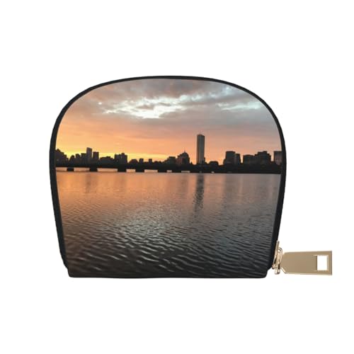 LAMAME Niedlicher Elefant mit Kranz und kleiner Ente bedruckte Lederschale Kartenetui Kreditkartenetui Reißverschluss Kartenhalter Brieftasche, Boston Charles River City Skyline Sonnenuntergang, von LAMAME